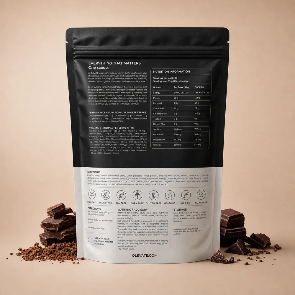 OLEVATE Complete, Dutch Chocolate — nutrition panel