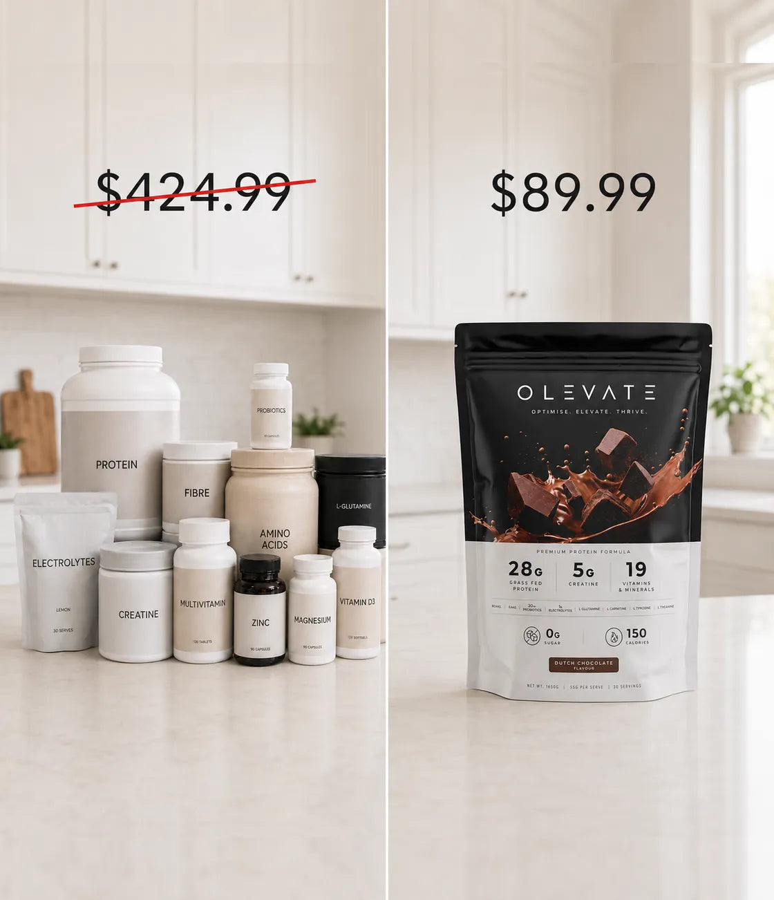 The shelf of separate supplements OLEVATE replaces, at $424.99, next to one OLEVATE pouch at $89.99