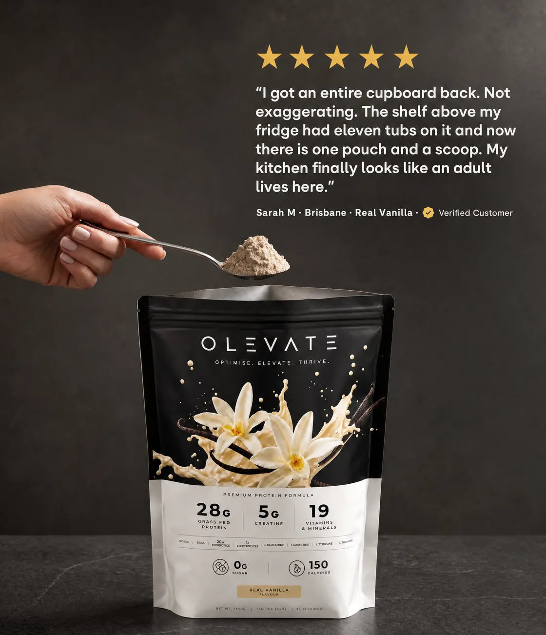 Five-star review from Sarah M in Brisbane: she got an entire cupboard back, eleven tubs replaced by one pouch and a scoop